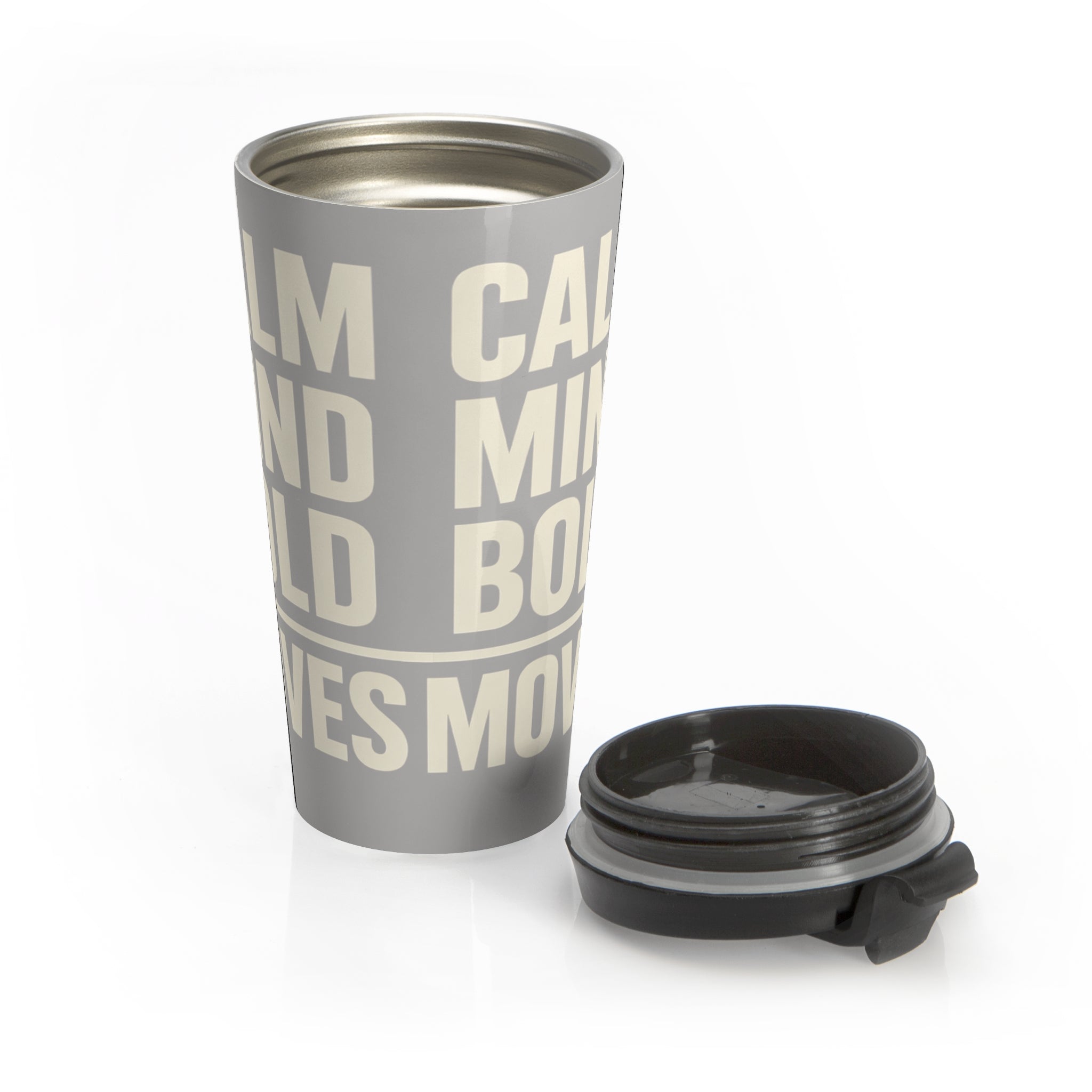 Stainless Steel Travel Mug — Bold Typographic 'Calm Mind, Bold Moves' Insulated Tumbler I RoRis Ideas