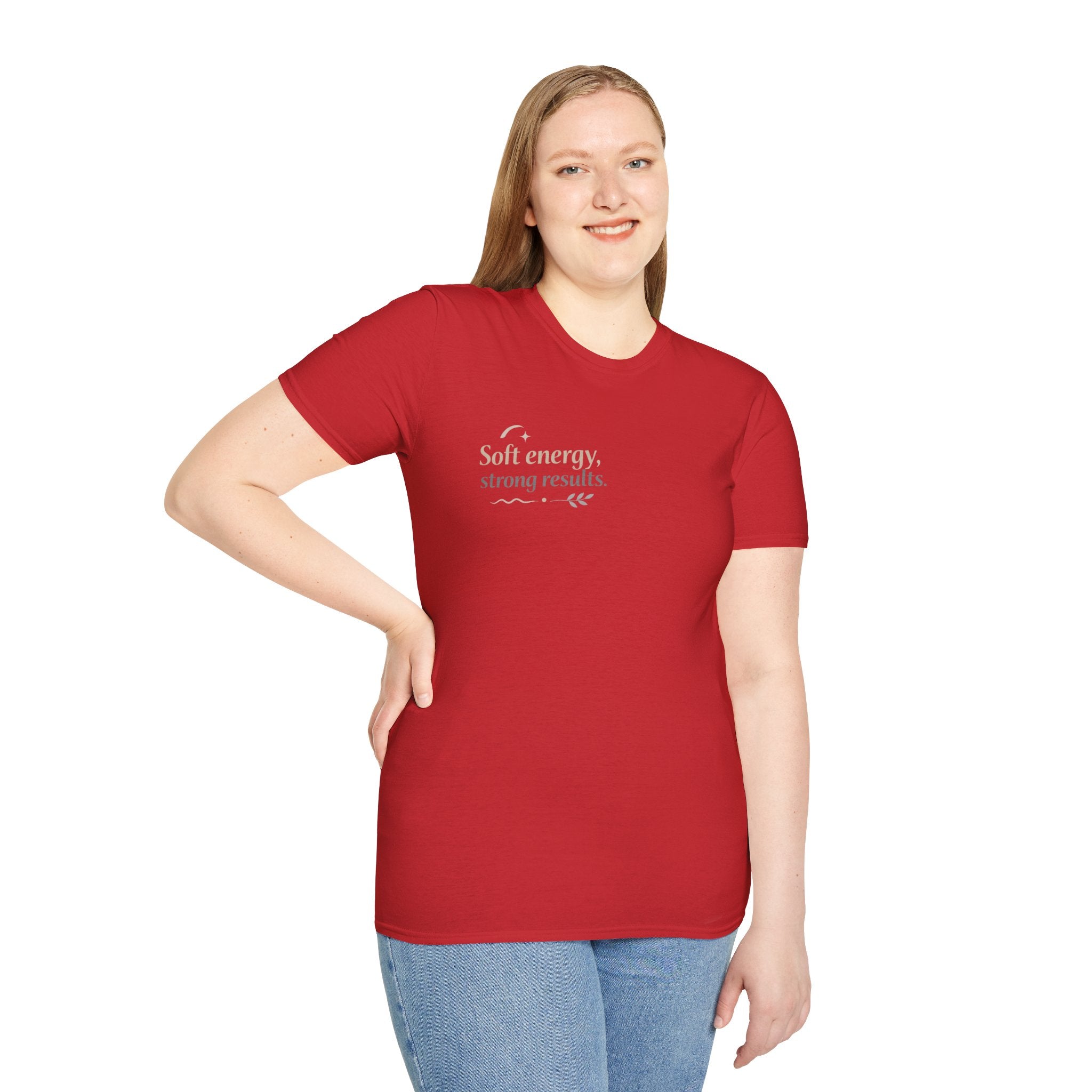 T-Shirt — “Soft energy, strong results.” Minimal Inspirational Graphic Tee