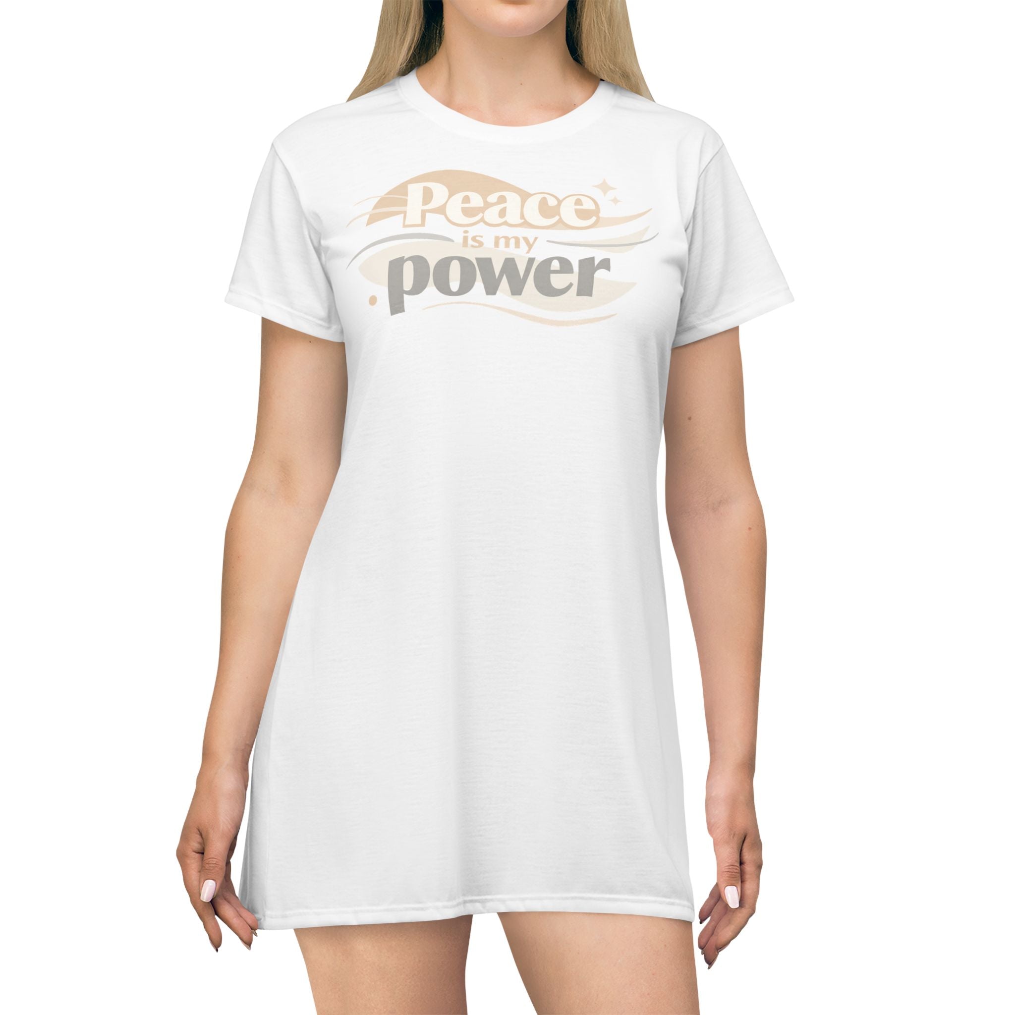 Peace Is My Power T‑Shirt Dress — Retro Neutral Graphic Tee Dress| RoRi’s Ideas
